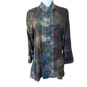 URU Silk Artisan Batik Patchwork Tunic Top Mandarin Collar Ruffle Hem S/M